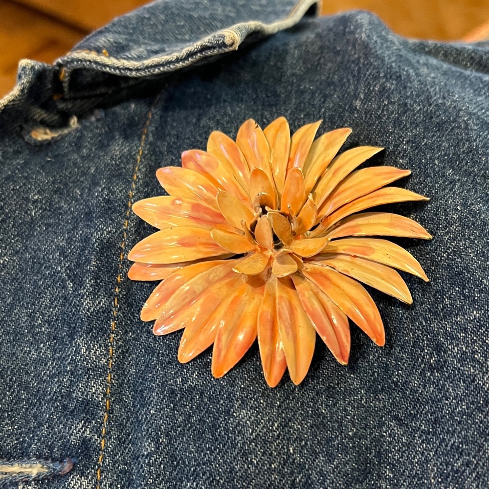 Enameled Orange Flower Brooch